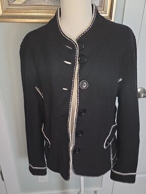 Vintage Talbots Black Button-Front Blazer with White Piping 100% Merino Wool